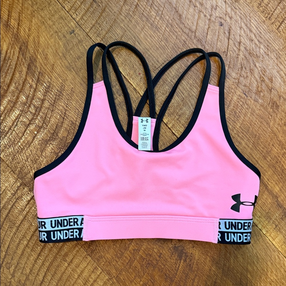 Under Armour Pink and Black Strappy Sports Bra Youth Medium